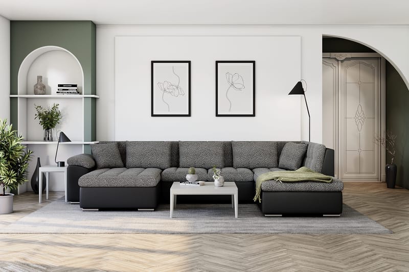 Dynir Stor Hörnbäddsoffa Divan med Förvaring Vänster - Grå / Svart - Möbler - Soffa - Skinnsoffor