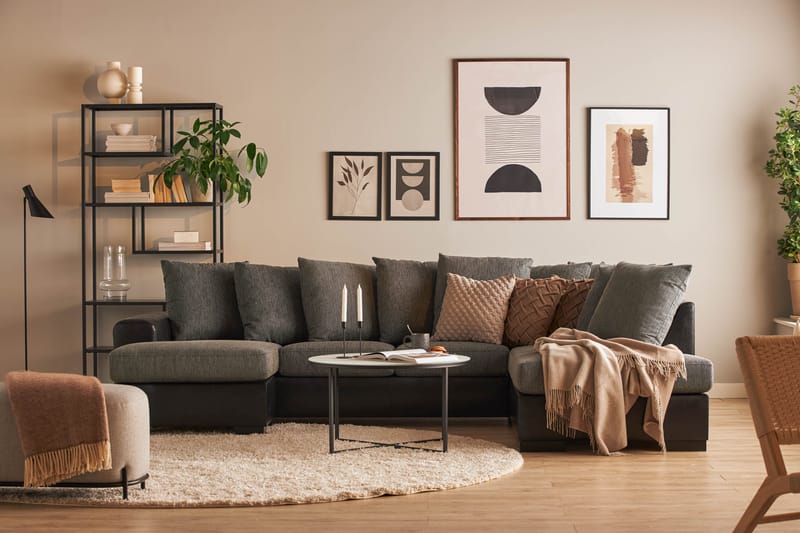Ocean 4-sits Högervänd U-formad Soffa med Divan och Schäslong i Tyg/Konstläder - Grå / Svart - Möbler - Soffa - Skinnsoffor