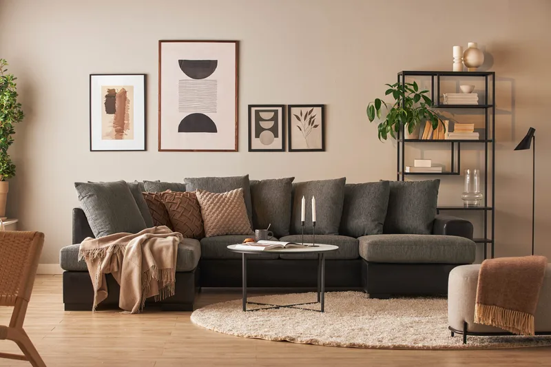 Ocean 4-sits Vänstervänd U-formad Soffa med Divan och Schäslong i Konstläder/Tyg - Grå / Svart - Möbler - Soffa - Skinnsoffor