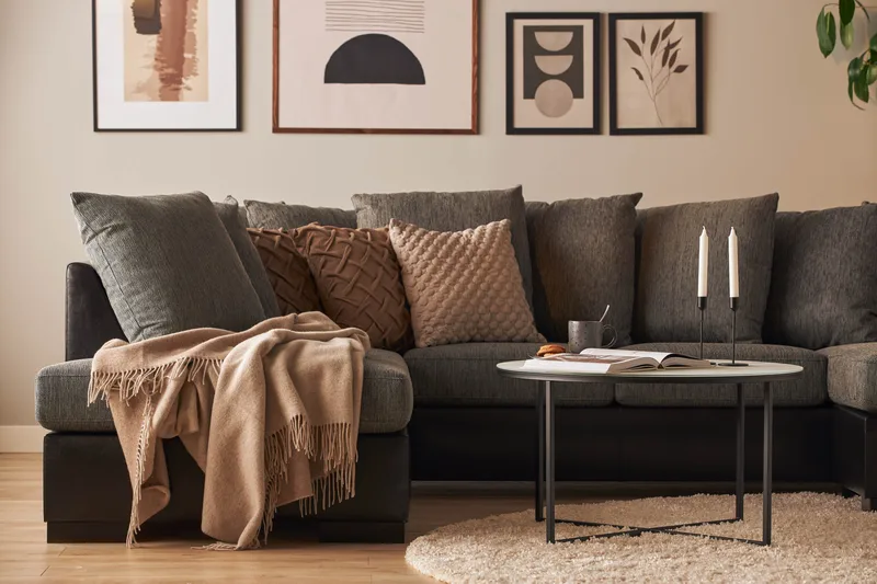 Ocean 4-sits Vänstervänd U-formad Soffa med Divan och Schäslong i Konstläder/Tyg - Grå / Svart - Möbler - Soffa - Skinnsoffor