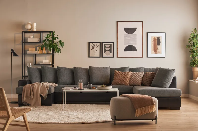 Ocean 5-sits Högervänd U-formad Large Soffa med Divan och Schäslong i Konstläder/Tyg - Grå / Svart - Möbler - Soffa - Skinnsoffor