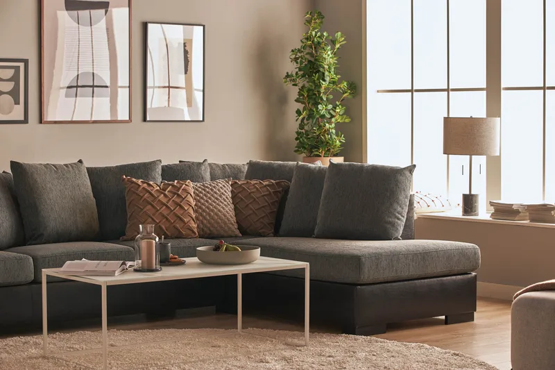 Ocean 5-sits Högervänd U-formad Large Soffa med Divan och Schäslong i Konstläder/Tyg - Grå / Svart - Möbler - Soffa - Skinnsoffor