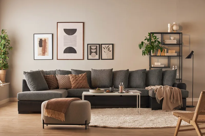 Ocean 5-sits Vänstervänd U-formad Large Soffa med Divan och Schäslong i Konstläder/Tyg - Grå / Svart - Möbler - Soffa - Skinnsoffor