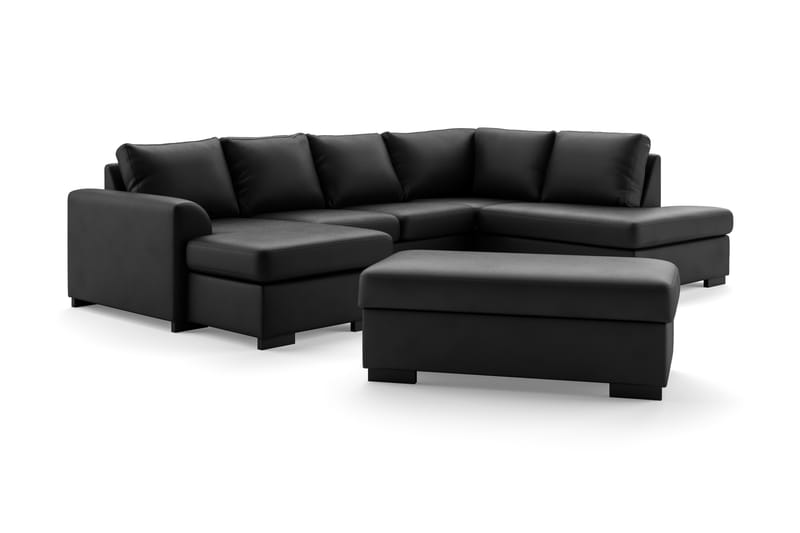 Porto 4-sits Högervänd U-formad Soffa med Divan och Schäslong + Fotpall i Konstläder - Svart - Möbler - Soffa - Skinnsoffor