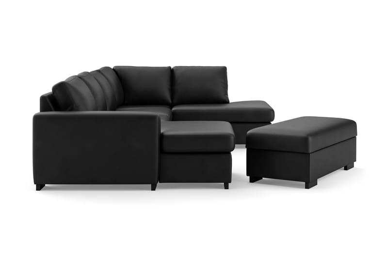 Porto 4-sits Högervänd U-formad Soffa med Divan och Schäslong + Fotpall i Konstläder - Svart - Möbler - Soffa - Skinnsoffor