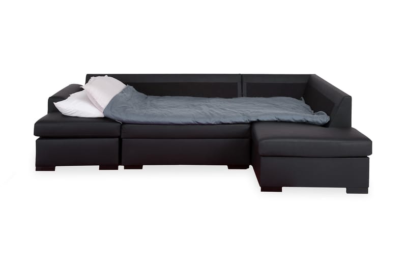 Porto 4-sits Högervänd U-formad Soffa med Divan och Schäslong + Fotpall i Konstläder - Svart - Möbler - Soffa - Skinnsoffor