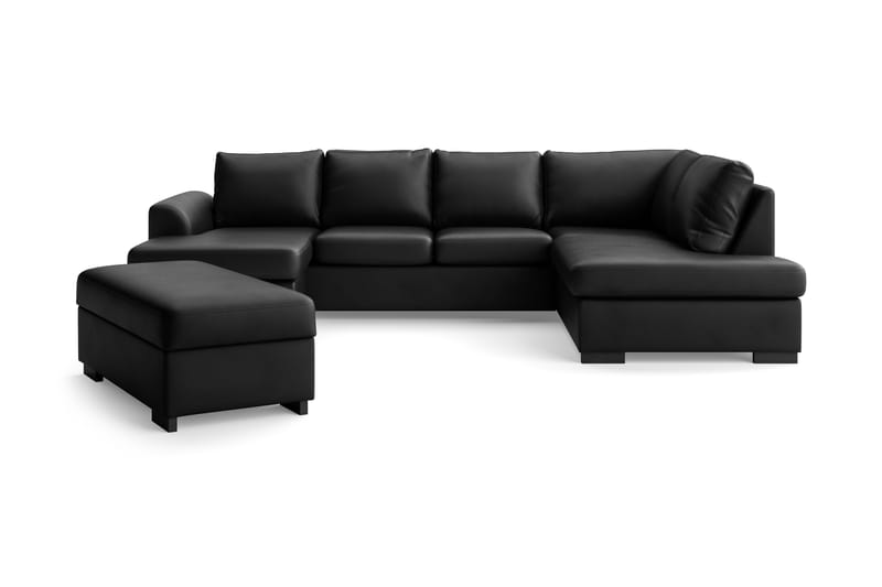 Porto 4-sits Högervänd U-formad Soffa med Divan och Schäslong + Fotpall i Konstläder - Svart - Möbler - Soffa - Skinnsoffor
