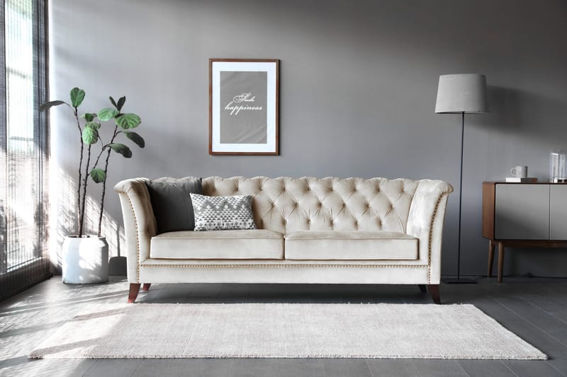 Soffa 3-sits Chesterfield beige - Milton - Beige sammet - Möbler - Soffa - Chesterfield soffa