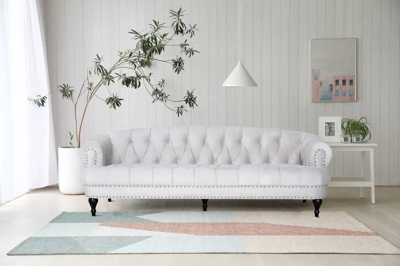 Soffa 3-sits chesterfield beige sammet, Beige