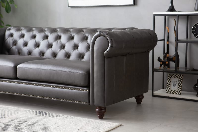 Soffa chesterfield 3-sits 219 cm mörkbrunt konstläder - Mörkbrun - Möbler - Soffa - Chesterfield soffa