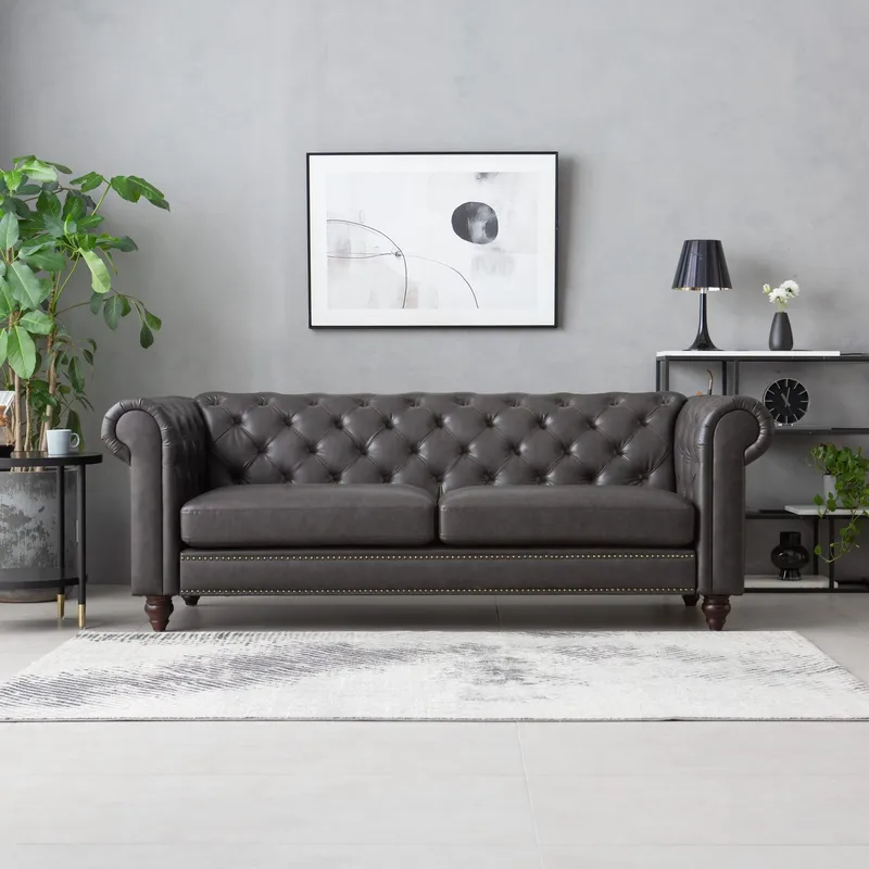 Soffa chesterfield 3-sits 219 cm mörkbrunt konstläder, Mörkbrun