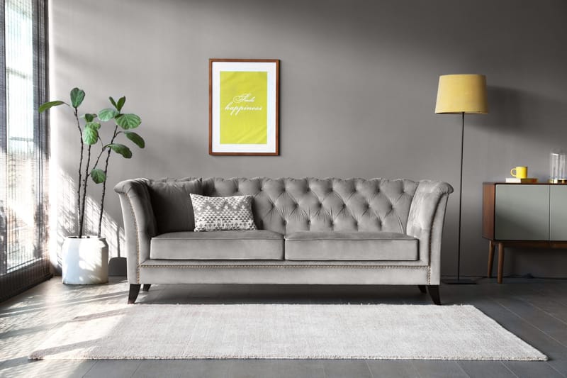 Soffa chesterfield 3-sits grå - Henry - Grå sammet - Möbler - Soffa - Chesterfield soffa