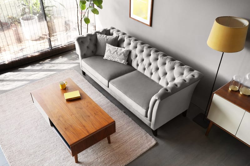 Soffa chesterfield 3-sits grå - Henry - Grå sammet - Möbler - Soffa - Chesterfield soffa