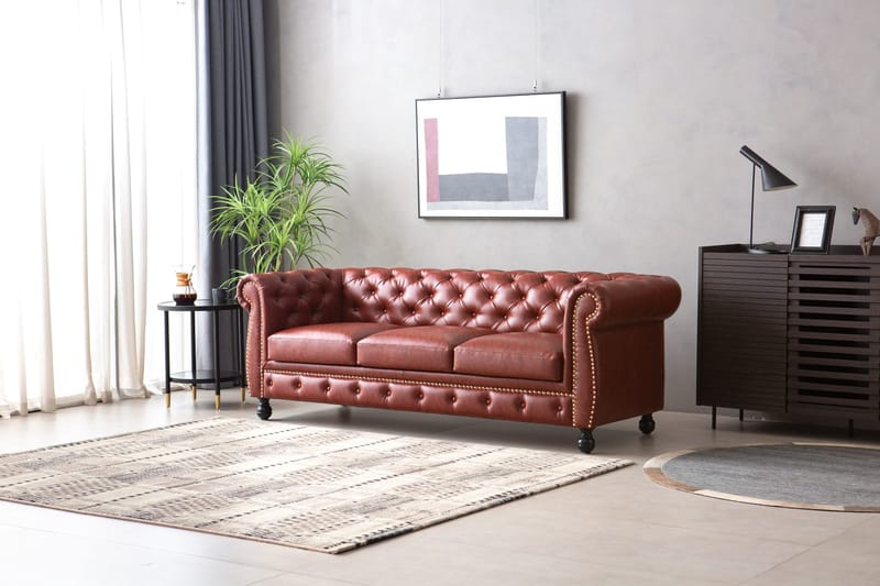 Soffa chesterfield 3-sits i brun PU - Charles - Brun/svart - Möbler - Soffa - Chesterfield soffa