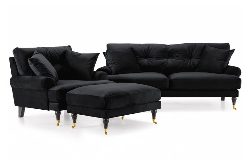 Andrew Howard 2-sits Soffgrupp med Fotpall och Hjul i Sammet, Svart