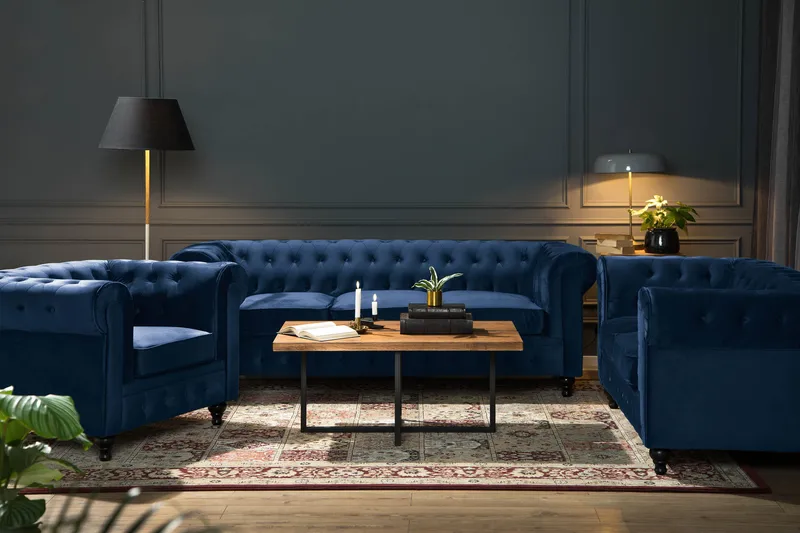 Chesterfield Lyx Soffgrupp 2-sits+3-sits Sammet - Blå - Möbler - Soffa - Soffgrupp - Chesterfield soffgrupp