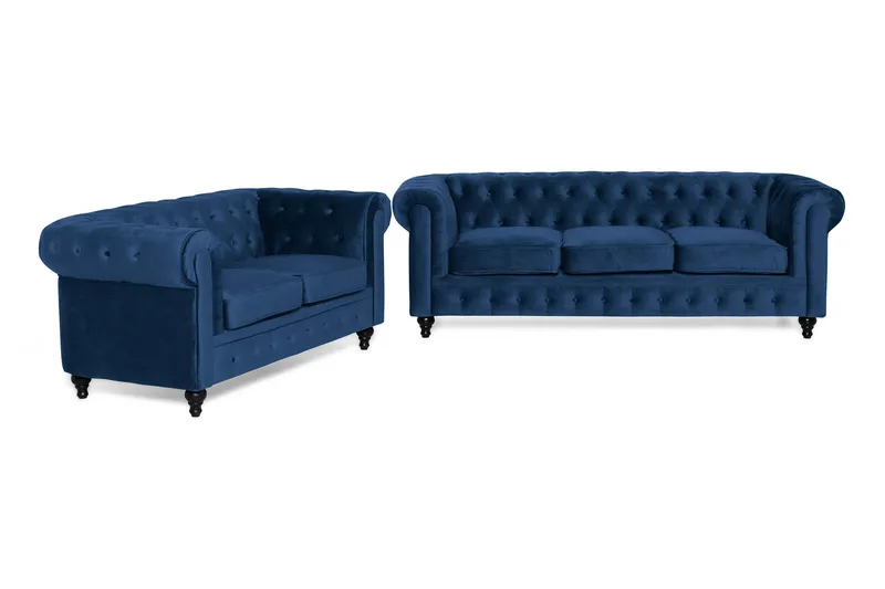 Chesterfield Lyx Soffgrupp 2-sits+3-sits Sammet, Blå
