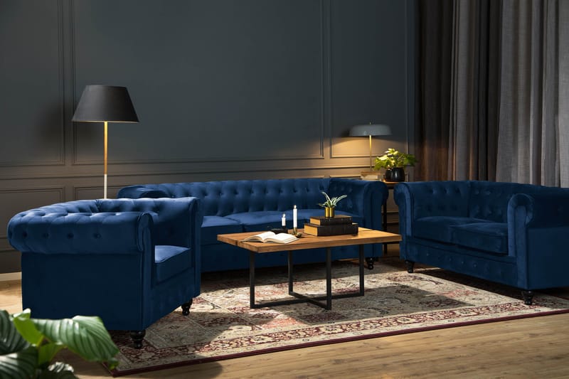 Chesterfield Lyx Soffgrupp 2-sits+Fåtölj Sammet - Blå - Möbler - Soffa - Soffgrupp - Chesterfield soffgrupp