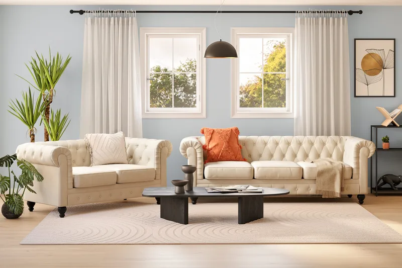 Chesterfield Lyx Soffgrupp 3-sits + 2-sits - Beige - Möbler - Soffa - Soffgrupp - Chesterfield soffgrupp