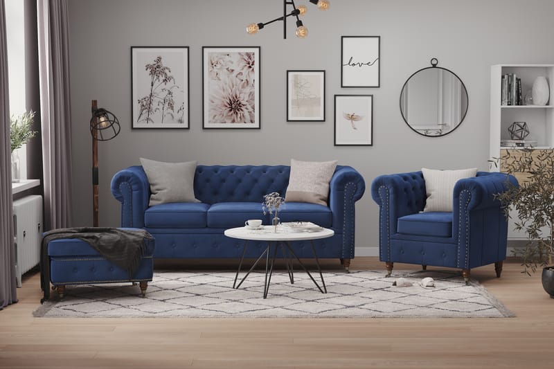 Chesterfield Deluxe Soffgrupp 3-sits+Fåtölj+Fotpall Sammet - Petrolblå - Möbler - Soffa - Soffgrupp - Chesterfield soffgrupp