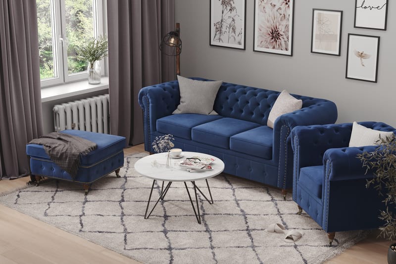 Chesterfield Deluxe Soffgrupp 3-sits+Fåtölj+Fotpall Sammet - Petrolblå - Möbler - Soffa - Soffgrupp - Chesterfield soffgrupp