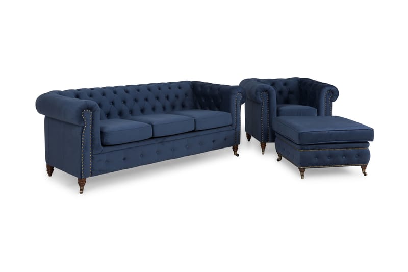 Chesterfield Deluxe Soffgrupp 3-sits+Fåtölj+Fotpall Sammet - Petrolblå - Möbler - Soffa - Soffgrupp - Chesterfield soffgrupp