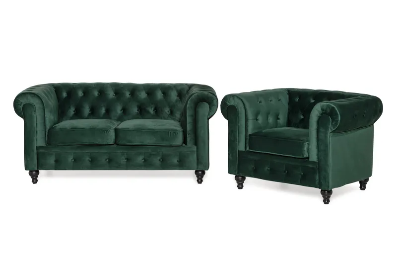 Chesterfield Lyx Soffgrupp 2-sits+Fåtölj Sammet, Grön