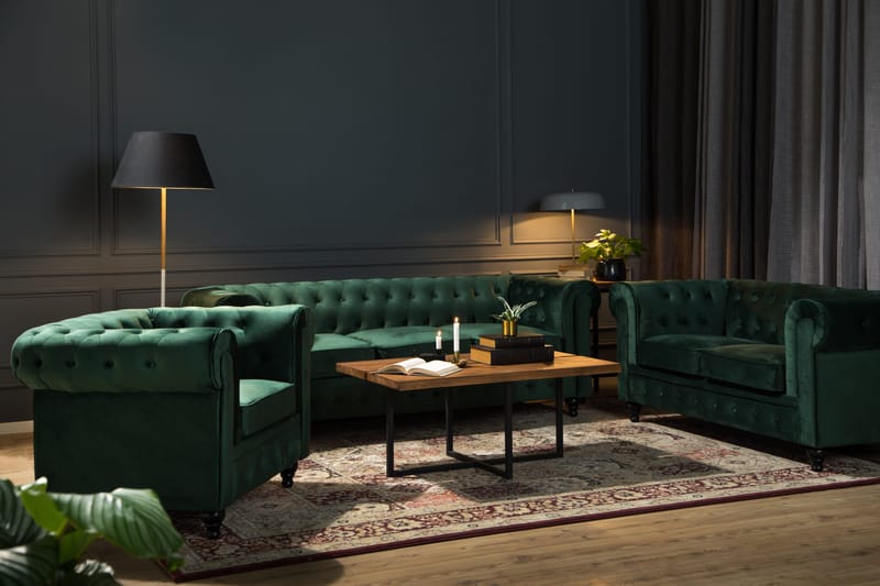 Chesterfield Lyx Soffgrupp 2-sits+Fåtölj Sammet - Grön - Möbler - Soffa - Soffgrupp - Chesterfield soffgrupp