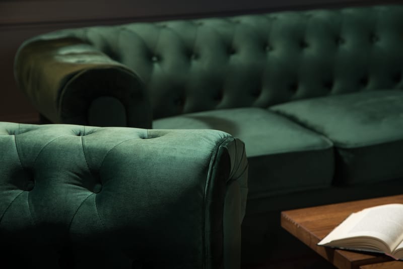 Chesterfield Lyx Soffgrupp 2-sits+Fåtölj Sammet - Grön - Möbler - Soffa - Soffgrupp - Chesterfield soffgrupp