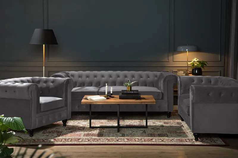 Chesterfield Lyx Soffgrupp 3+2 i Sammet - Mörkgrå - Möbler - Soffa - Soffgrupp - Chesterfield soffgrupp