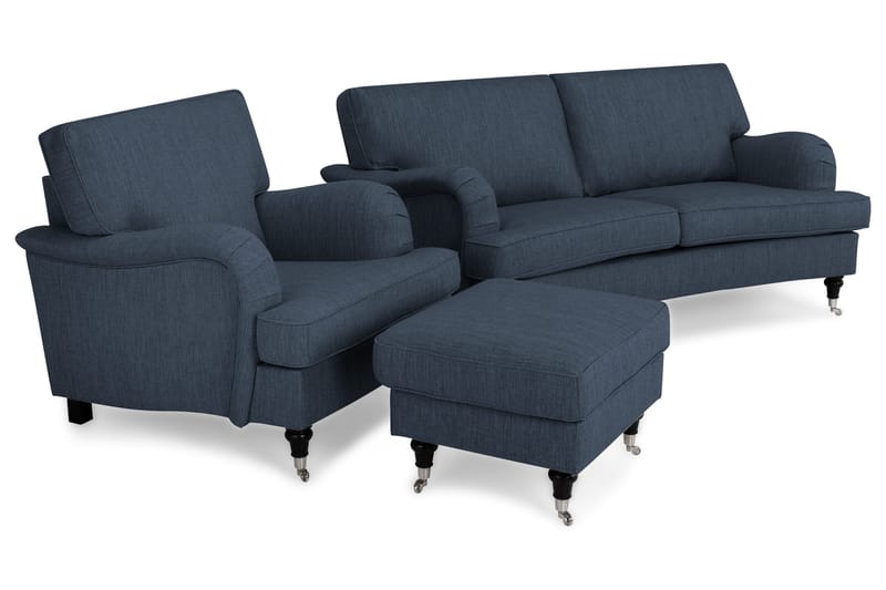 Howard Classic Soffgrupp 2-sits Svägd Soffa + Fåtölj + Fotpall i Tyg - Blå - Möbler - Soffa - Soffgrupp - Chesterfield soffgrupp