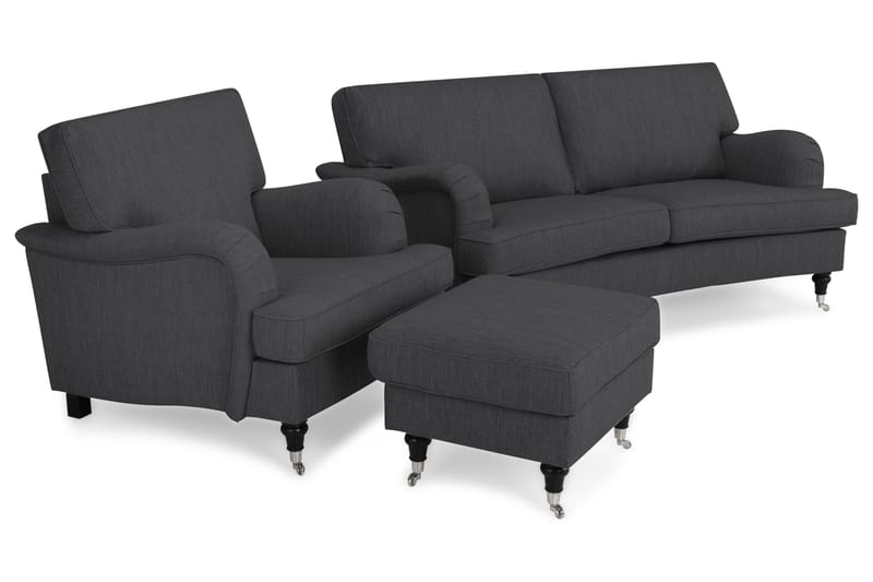 Howard Classic Soffgrupp 2-sits Svängd Soffa + Fåtölj + Fotpall i Tyg - Mörkgrå - Möbler - Soffa - Soffgrupp - Chesterfield soffgrupp