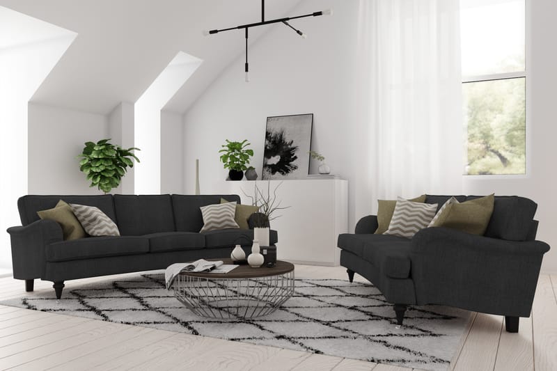 Howard Classic Soffgrupp 2-sits Svängd Soffa + Fåtölj + Fotpall i Tyg - Mörkgrå - Möbler - Soffa - Soffgrupp - Chesterfield soffgrupp