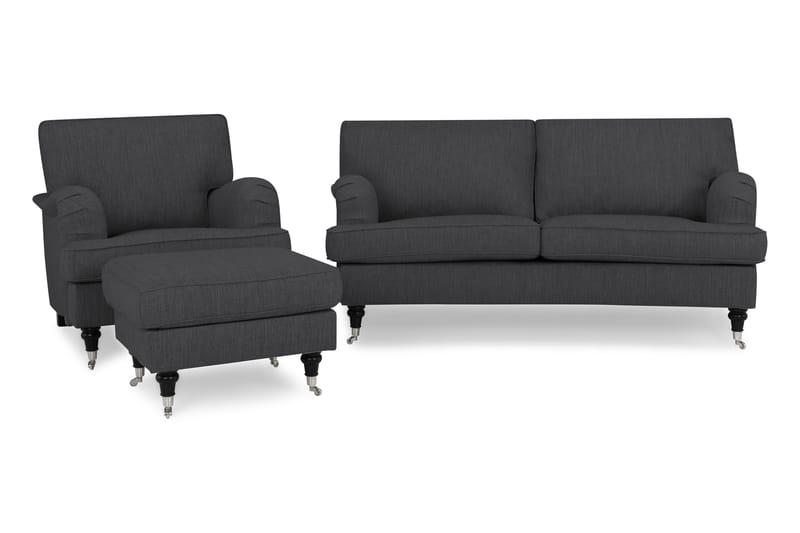 Howard Classic Soffgrupp 2-sits Svängd Soffa + Fåtölj + Fotpall i Tyg - Mörkgrå - Möbler - Soffa - Soffgrupp - Chesterfield soffgrupp