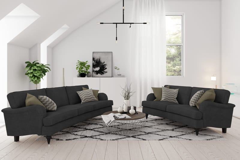 Howard Classic Soffgrupp 2-sits Svängd Soffa + Fåtölj + Fotpall i Tyg - Mörkgrå - Möbler - Soffa - Soffgrupp - Chesterfield soffgrupp