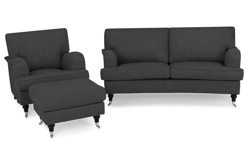 Howard Classic Soffgrupp 2-sits Svängd Soffa + Fåtölj + Fotpall i Tyg - Mörkgrå - Möbler - Soffa - Soffgrupp - Chesterfield soffgrupp