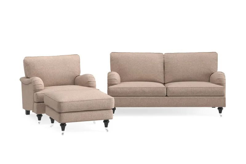 Howard Classic Soffgrupp 2-sits Soffa + Fåtölj + Fotpall i Tyg, Mörkbeige