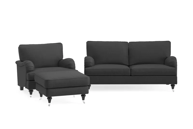 Howard Classic Soffgrupp 2-sits Soffa + Fåtölj + Fotpall i Tyg, Mörkgrå