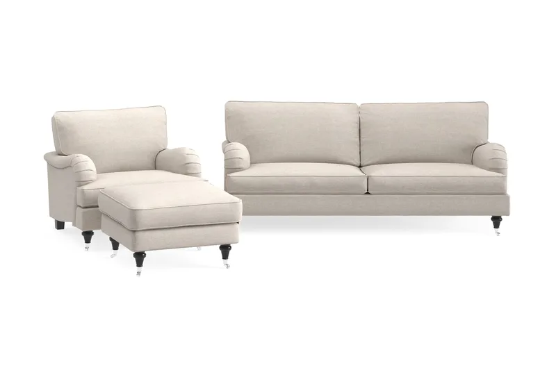 Howard Classic Soffgrupp 3-sits Soffa + Fåtölj + Fotpall i Tyg, Beige