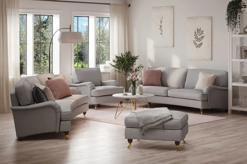 Howard Lyx Soffgrupp 4-sits + 3-sits Svängd Soffa + Fåtölj + Fotpall i Tyg - Ljusgrå - Möbler - Soffa - Soffgrupp - Howard soffgrupp