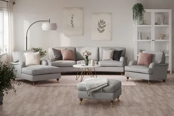 Howard Lyx Soffgrupp 4-sits Svängd Soffa + Divanfåtölj + Fåtölj + Fotpall i Tyg - Ljusgrå - Möbler - Soffa - Soffgrupp - Howard soffgrupp