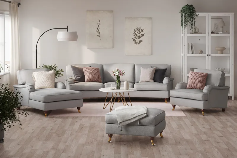 Howard Lyx Soffgrupp 4-sits Svängd Soffa + Divanfåtölj + Fåtölj + Fotpall i Tyg - Ljusgrå - Möbler - Soffa - Soffgrupp - Howard soffgrupp