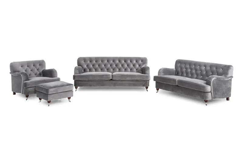 Howard Riviera Soffgrupp 3-sits + 2-sits Soffa + Fåtölj + Fotpall i Sammet, Ljusgrå
