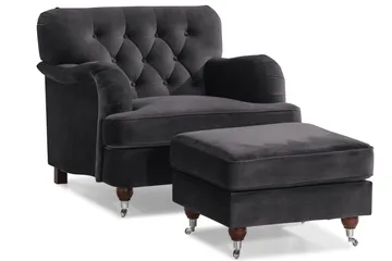 Howard Riviera Soffgrupp 3-sits + 2-sits Soffa + Fåtölj + Fotpall i Sammet - Mörkgrå - Möbler - Soffa - Soffgrupp - Howard soffgrupp