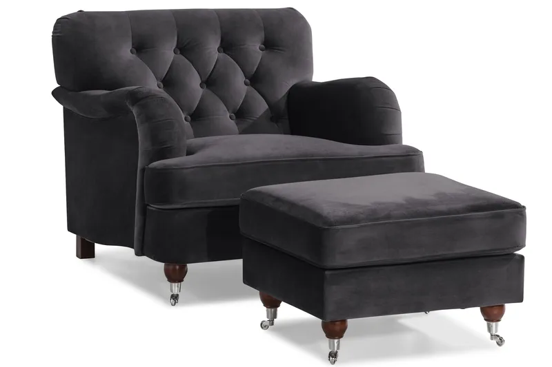Howard Riviera Soffgrupp 3-sits + 2-sits Soffa + Fåtölj + Fotpall i Sammet - Mörkgrå - Möbler - Soffa - Soffgrupp - Howard soffgrupp