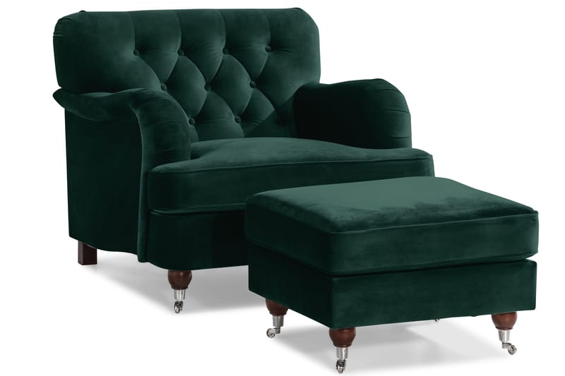Howard Riviera Soffgrupp Svängd 3-sits + 2-sits Soffa + Fåtölj + Fotpall i Sammet - Grön - Möbler - Soffa - Soffgrupp - Howard soffgrupp