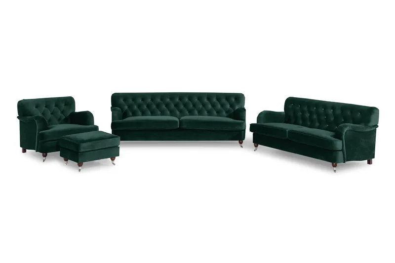 Howard Riviera Soffgrupp Svängd 3-sits + 2-sits Soffa + Fåtölj + Fotpall i Sammet, Grön