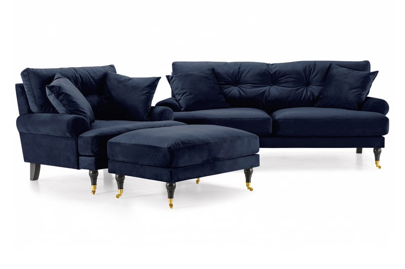 Andrew Soffgrupp 2-sits Soffa + Fåtölj + Fotpall i Sammet - Blå - Möbler - Soffa - Soffgrupp - Howard soffgrupp