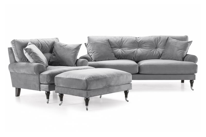 Andrew Soffgrupp 2-sits Soffa + Fåtölj + Fotpall i Sammet - Ljusgrå - Möbler - Soffa - Soffgrupp - Howard soffgrupp