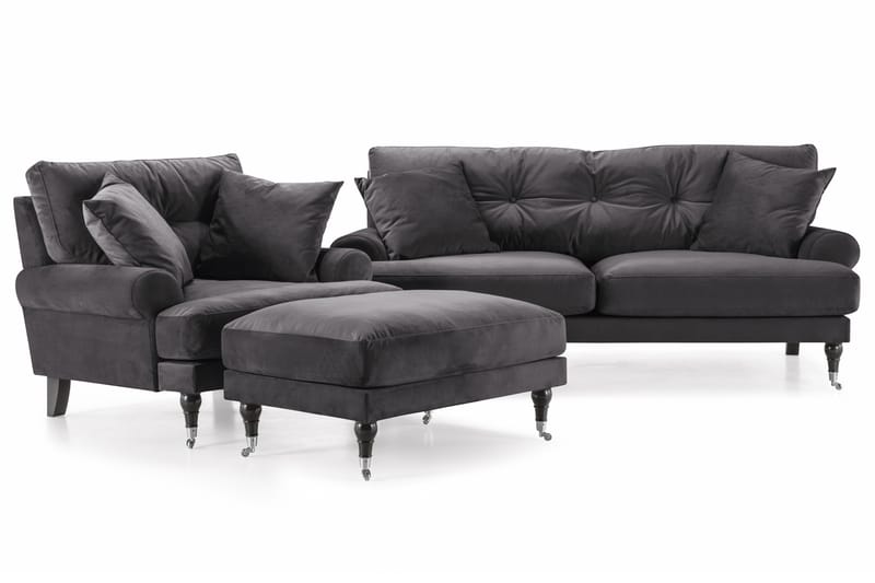 Andrew Soffgrupp 2-sits Soffa + Fåtölj + Fotpall i Sammet - Mörkgrå - Möbler - Soffa - Soffgrupp - Howard soffgrupp